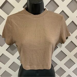 SHEIN Brown Ribbed Short Sleeve cropped Top large
